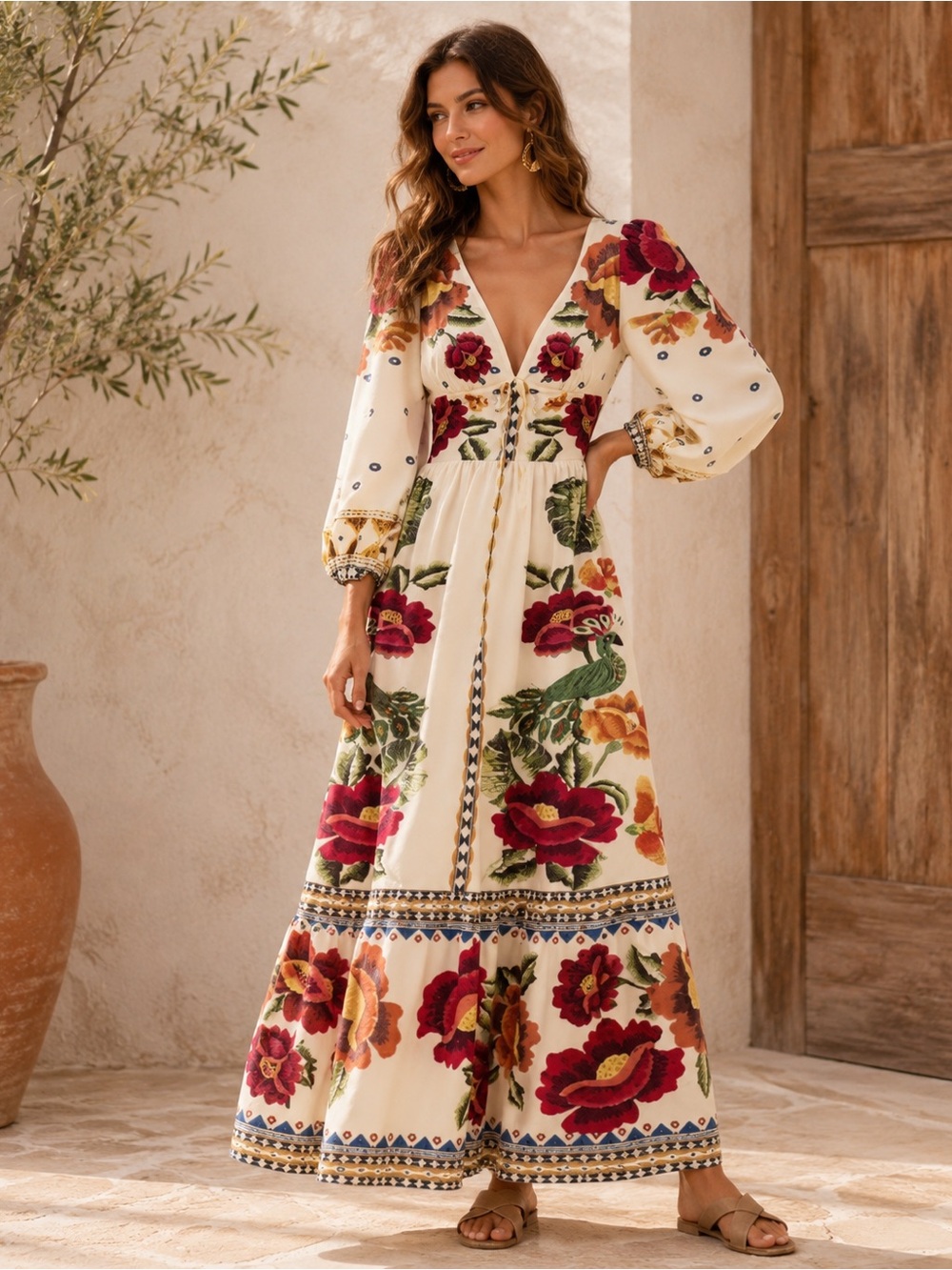 NEW - Boho Floral Maxi Dress Long Sleeve Cottagecore Vacation Gown, L